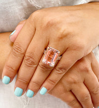 Load image into Gallery viewer, 14K Solid Rose Gold Emerald Cut Natural Peach Morganite and emerald cut Simulated Diamonds Engagement Ring Bridal Wedding 13.50ctw