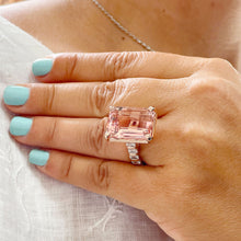 Load image into Gallery viewer, 14K Solid Rose Gold Emerald Cut Natural Peach Morganite and emerald cut Simulated Diamonds Engagement Ring Bridal Wedding 13.50ctw