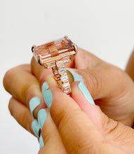 Load image into Gallery viewer, 14K Solid Rose Gold Emerald Cut Natural Peach Morganite and emerald cut Simulated Diamonds Engagement Ring Bridal Wedding 13.50ctw