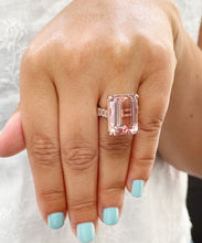Load image into Gallery viewer, Huge 14K Solid Rose Gold Emerald Cut Natural Peach Morganite and Emerald cut Natural Diamonds Engagement Ring Bridal Wedding 13.50ctw