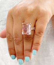 Load image into Gallery viewer, 14K Solid Rose Gold Emerald Cut Natural Peach Morganite and emerald cut Simulated Diamonds Engagement Ring Bridal Wedding 13.50ctw