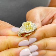 Load image into Gallery viewer, Large 3.50 Carats 14k Solid Yellow Gold Radiant Cut Simulated Diamond and Fancy Yellow Diamonds Engagement Ring Halo