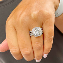 Load image into Gallery viewer, 14k Solid White Gold Cushion Cut Moissanite and Natural Diamond Engagement Ring And Two Bands Bezel Set Halo 3.80ctw