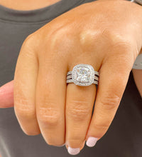 Load image into Gallery viewer, Stunning 14k Solid White Gold Cushion Cut Forever One Moissanite and Natural Diamond Engagement Ring And Two Bands Bezel Set Halo 4.00ctw