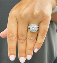 Load image into Gallery viewer, Stunning 14k Solid White Gold Cushion Cut Forever One Moissanite and Natural Diamond Engagement Ring And Two Bands Bezel Set Halo 4.00ctw