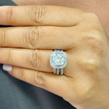 Load image into Gallery viewer, LARGE 14k Solid White Gold Cushion And Round Cut Simulated Diamond Engagement Ring And Two Bands Bezel Bridal Wedding Halo 4.00ctw