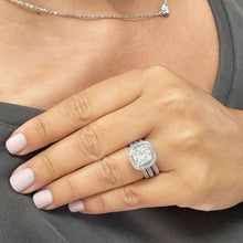 Load image into Gallery viewer, LARGE 14k Solid White Gold Cushion And Round Cut Simulated Diamond Engagement Ring And Two Bands Bezel Bridal Wedding Halo 4.00ctw