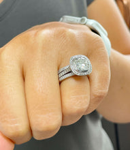 Load image into Gallery viewer, LARGE 14k Solid White Gold Cushion And Round Cut Simulated Diamond Engagement Ring And Two Bands Bezel Bridal Wedding Halo 4.00ctw
