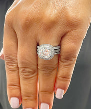 Load image into Gallery viewer, LARGE 14k Solid White Gold Cushion And Round Cut Simulated Diamond Engagement Ring And Two Bands Bezel Bridal Wedding Halo 4.00ctw