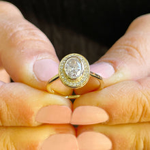 Load image into Gallery viewer, 14K Yellow Gold Oval Cut Moissanite And Natural Round cut Diamond Engagement Ring Bezel Set, Halo, Bridal 1.20ct