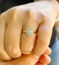 Load image into Gallery viewer, 14k Solid Yellow Gold Oval and Round Cut Simulated Diamond Engagement Ring Halo Bezel Art Deco Bridal High Quality Finish 1.20ct