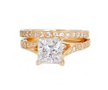 Load image into Gallery viewer, 14K Solid Rose Gold Princess Cut Moissanite And Natural Diamond Engagement Ring And Two Bands Set, Wedding Deco 2.10ctw