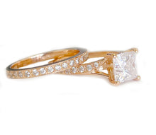 Load image into Gallery viewer, 14K Solid Rose Gold Princess Cut Moissanite And Natural Diamond Engagement Ring And Two Bands Set, Wedding Deco 2.10ctw