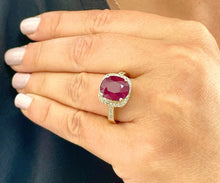Load image into Gallery viewer, 14k Solid White Gold Oval Natural Ruby And Round Cut Natural Diamonds Antique Deco Design Ring Halo Bridal Engagement Anniversary 6.00ctw