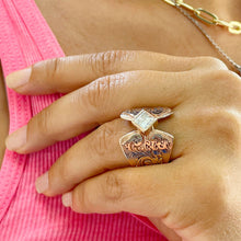 Load image into Gallery viewer, Unique Design 14K Solid And Heavy Rose Gold Princess Cut Simulated Diamonds Engagement Ring Bezel Antique Style Filigree 1.00ct