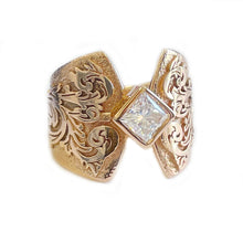 Load image into Gallery viewer, Unique Design 14K Solid And Heavy Rose Gold Princess Cut Simulated Diamonds Engagement Ring Bezel Antique Style Filigree 1.00ct