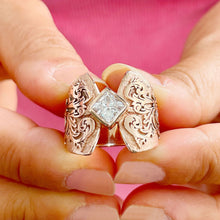 Load image into Gallery viewer, Unique Design 14K Solid And Heavy Rose Gold Princess Cut Simulated Diamonds Engagement Ring Bezel Antique Style Filigree 1.00ct