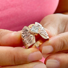 Load image into Gallery viewer, Unique Design 14K Solid And Heavy Rose Gold Princess Cut Simulated Diamonds Engagement Ring Bezel Antique Style Filigree 1.00ct