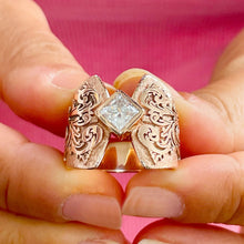 Load image into Gallery viewer, Unique Design 14K Solid And Heavy Rose Gold Princess Cut Simulated Diamonds Engagement Ring Bezel Antique Style Filigree 1.00ct