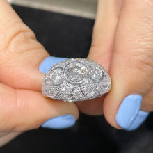 Load image into Gallery viewer, Antique Design Filigree 14K Solid White Gold Round Cut Simulated Diamonds Engagement Ring Three Stone Style Bezel Set Wedding Bridal 2.00ctw