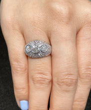 Load image into Gallery viewer, Filigree 14K Solid White Gold Round Cut Moissanite And Natural Diamond Engagement Ring Three Stone Bezel Set Antique Style 2.00ctw