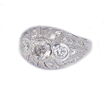 Load image into Gallery viewer, Antique Design Filigree 14K Solid White Gold Round Cut Simulated Diamonds Engagement Ring Three Stone Style Bezel Set Wedding Bridal 2.00ctw