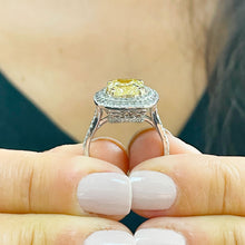 Load image into Gallery viewer, 14K Solid White and Yellow Gold Fancy Yellow Cushion and Round Cut Simulated Diamonds Engagement Ring Set Double Halo Wedding Bridal 4.50ctw