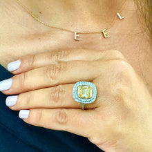 Load image into Gallery viewer, 14K Solid White and Yellow Gold Fancy Yellow Cushion and Round Cut Simulated Diamonds Engagement Ring Set Double Halo Wedding Bridal 4.50ctw