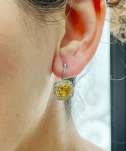 Load image into Gallery viewer, 14K Solid White And Yellow Gold Round Cut Natural Yellow Citrine And Natural Diamonds Dangling Earrings Double Halo Style 4.80ctw