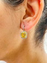 Load image into Gallery viewer, 14K Solid White And Yellow Gold Round Cut Natural Yellow Citrine And Natural Diamonds Dangling Earrings Double Halo Style 4.80ctw