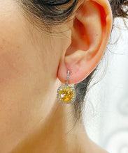 Load image into Gallery viewer, 14K Solid White And Yellow Gold Round Cut Natural Yellow Citrine And Simulated Diamonds Dangling Earrings Double Halo Style 5.00ctw