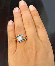 Load image into Gallery viewer, 14K Solid Yellow Gold Emerald Cut Forever One Moissanite And Princess Cut Natural Sapphires Engagement Ring Semi Tension Set 3.50ctw