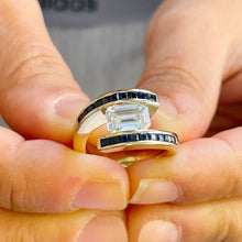 Load image into Gallery viewer, 14K Solid And Heavy Yellow Gold Simulated Emerald Cut And Simulated Sapphires Engagement Ring Semi Tension Set 3.50ct