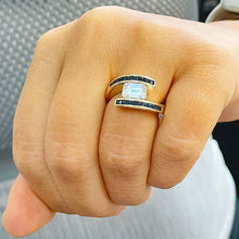 Load image into Gallery viewer, 14K Solid Yellow Gold Emerald Cut Forever One Moissanite And Princess Cut Natural Sapphires Engagement Ring Semi Tension Set 3.50ctw