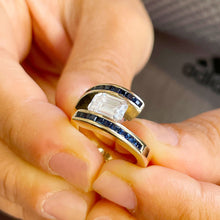 Load image into Gallery viewer, 14K Solid And Heavy Yellow Gold Simulated Emerald Cut And Simulated Sapphires Engagement Ring Semi Tension Set 3.50ct