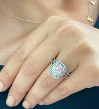 Load image into Gallery viewer, 14K Solid White Gold Round Cut Simulated Diamonds Engagement Ring And Band Double Halo Split Shank Wedding Bridal Antique Deco Style 3.25ctw