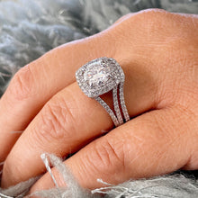 Load image into Gallery viewer, 14K Solid White Gold Round Cut Simulated Diamonds Engagement Ring And Band Double Halo Split Shank Wedding Bridal Antique Deco Style 3.25ctw