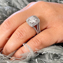 Load image into Gallery viewer, 14K Solid White Gold Round Cut Simulated Diamonds Engagement Ring And Band Double Halo Split Shank Wedding Bridal Antique Deco Style 3.25ctw