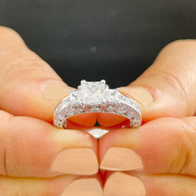 Load image into Gallery viewer, Beautiful 14K Solid White Gold Princess And Round Cut Simulated Diamonds Engagement Ring Prong Antique Style Filigree Wedding Bridal 2.50ct