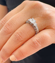 Load image into Gallery viewer, Beautiful 14K Solid White Gold Princess And Round Cut Simulated Diamonds Engagement Ring Prong Antique Style Filigree Wedding Bridal 2.50ct