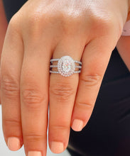 Load image into Gallery viewer, 14K Solid White Gold 2.20ct Oval and Round, Prong Deco Halo, Engagement Ring, Bridal Style, Simulated Diamond, Wedding Ring and Two Bands Set