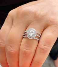 Load image into Gallery viewer, 14k Solid White Gold Oval and Round Cut Moissanite and Diamond Engagement Ring And Two Band Double Halo, Bridal, Wedding 2.20ctw