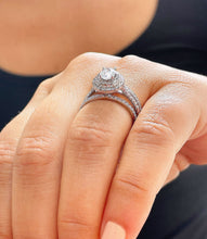 Load image into Gallery viewer, 14k Solid White Gold Oval and Round Cut Forever One Moissanite and Diamond Engagement Ring And Two Band Double Halo, Bridal, Wedding 2.20ctw