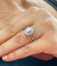 Load image into Gallery viewer, 14k Solid White Gold Oval and Round Cut Forever One Moissanite and Diamond Engagement Ring And Two Band Double Halo, Bridal, Wedding 2.20ctw