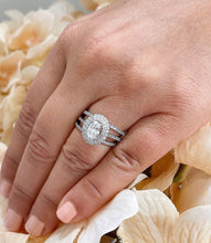 Load image into Gallery viewer, 14k Solid White Gold Oval and Round Cut Moissanite and Diamond Engagement Ring And Two Band Double Halo, Bridal, Wedding 2.20ctw