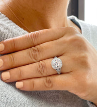 Load image into Gallery viewer, Women's 14K Solid White Gold Round Cut Moissanite and Round And Baguettes Cut Natural Diamond Engagement Ring Halo Prong 2.80ctw