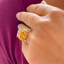 Load image into Gallery viewer, 14K Yellow Gold Cushion Cut Yellow Citrine and Round cut Simulated Diamonds Engagement Ring Halo Split Shank Bridal Wedding Anniversary 4.80ct