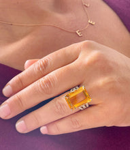 Load image into Gallery viewer, 14K Yellow Gold Cushion Cut Yellow Citrine and Round cut Simulated Diamonds Engagement Ring Halo Split Shank Bridal Wedding Anniversary 4.80ct