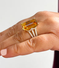 Load image into Gallery viewer, 14K Yellow Gold Cushion Cut Yellow Citrine and Round cut Simulated Diamonds Engagement Ring Halo Split Shank Bridal Wedding Anniversary 4.80ct