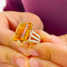 Load image into Gallery viewer, 14K Yellow Gold Cushion Cut Yellow Citrine and Round cut Simulated Diamonds Engagement Ring Halo Split Shank Bridal Wedding Anniversary 4.80ct